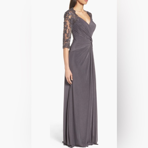 La Femme Ruched Twist Column Sweetheart Neck Lace and Crystals Maxi Gown NWOT - Picture 3 of 12